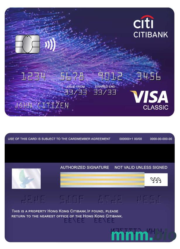 Hong Kong Citibank visa klasyczny karta przykład w formacie PSD